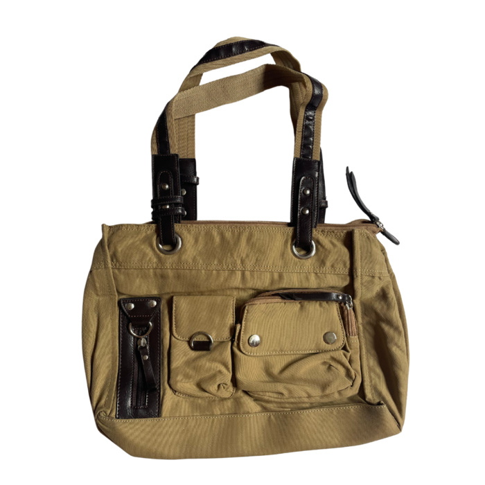 Beige cargo citybag with pockets and leather contrast
