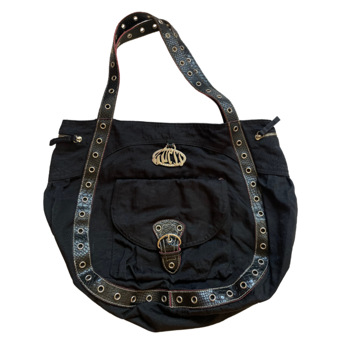 Black Guess canvas tote with leather strap