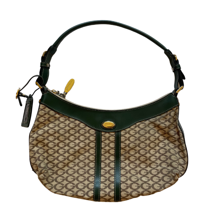 Guess monogram shoulder bag with bottle green leather details