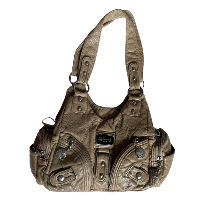 Beige leather citybag with zips