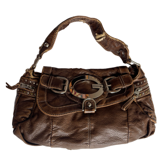 guess brown leather shoulder bag with studs